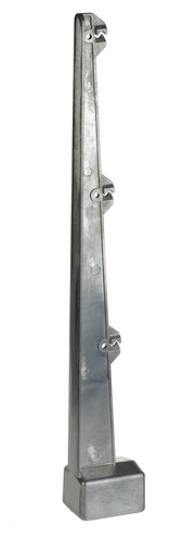 Ein senkrechter, metallischer Stacheldrahtarm aus Aluminium mit drei Einkerbungen für Drähte, passend für Rechteckrohre der Größe 40x60mm.