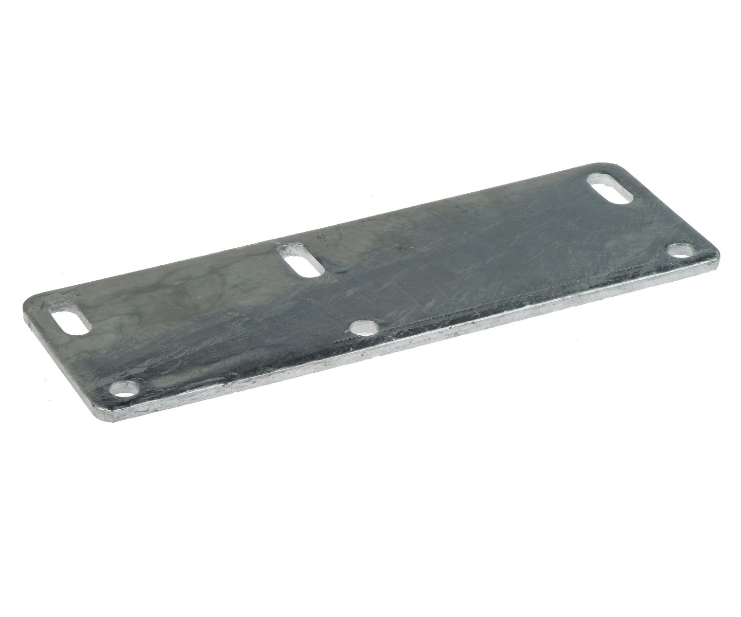 Eine rechteckige, feuerverzinkte Klemmplatte aus Metall mit mehreren Langlöchern und Rundbohrungen für die sichere Befestigung von Bügelschrauben.