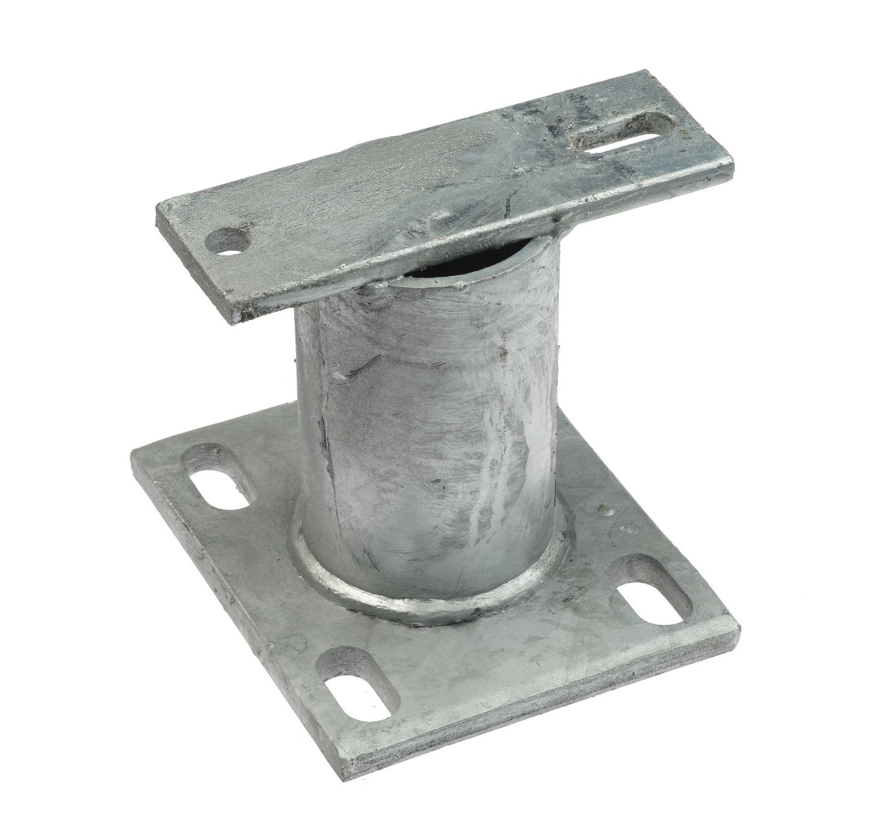 Ein robuster, feuerverzinkter Abstandhalter aus Stahl mit Montageplatten zur stabilen Befestigung von Rohren auf verschiedenen Untergründen.