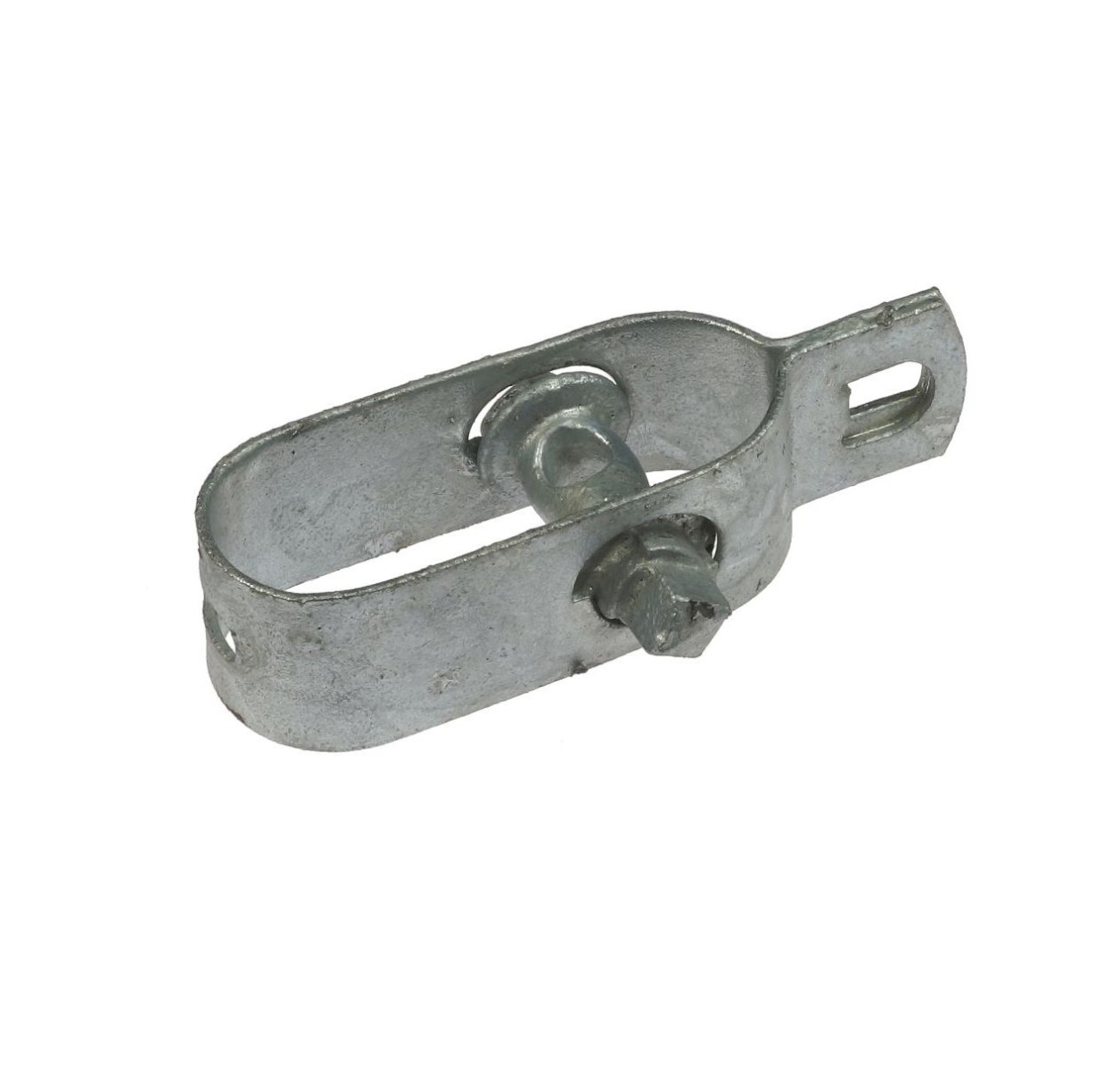 Ein robuster Drahtspanner aus feuerverzinktem Stahl mit integriertem Spannbolzen für die Montage von Zäunen und Spanndrähten.