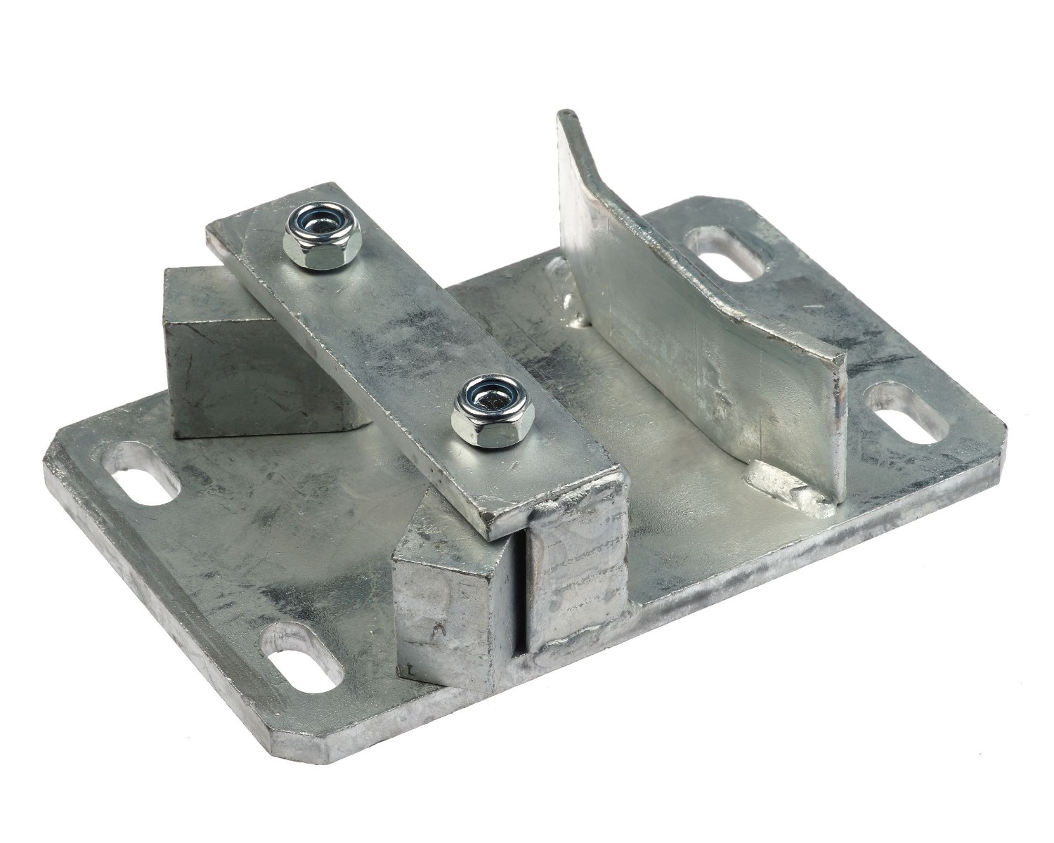 Ein feuerverzinkter Schnellverschluss aus Metall mit einer stabilen Grundplatte, vier Befestigungslöchern und zwei Sicherungsschrauben für industrielle Anwendungen.