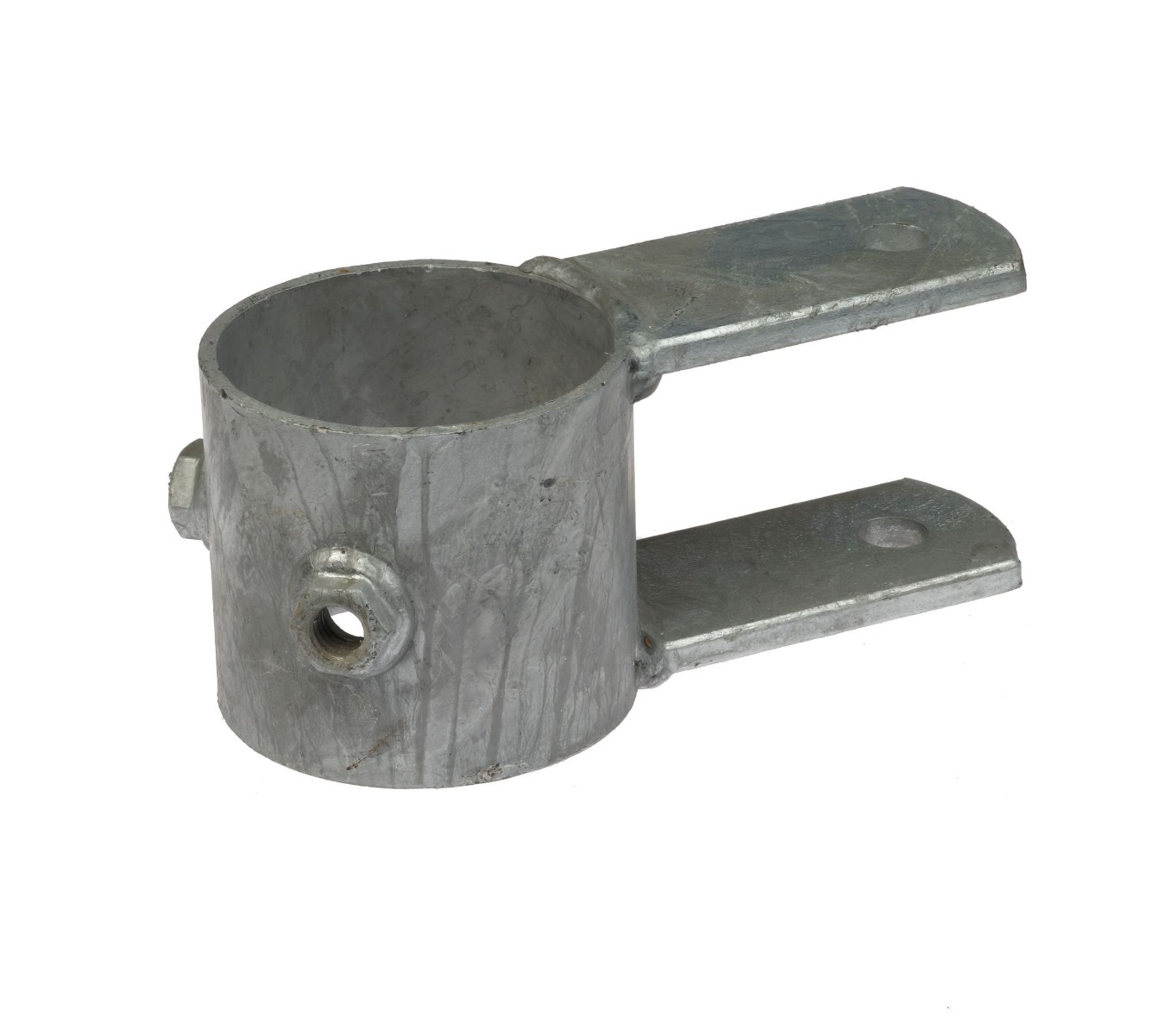Eine feuerverzinkte Fressgitterbefestigung aus Metall für ein Drehteil mit einer runden Rohrschelle und zwei parallelen Montageplatten.
