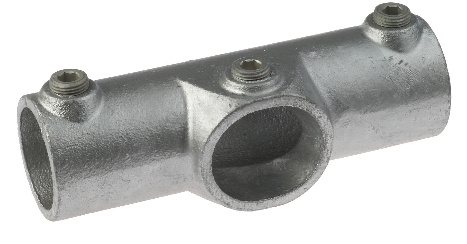 Silberfarbener G101 T-Stück Rohrverbinder aus feuerverzinktem Temperguss mit drei Inbusschrauben zur stabilen Fixierung von Rundrohren.