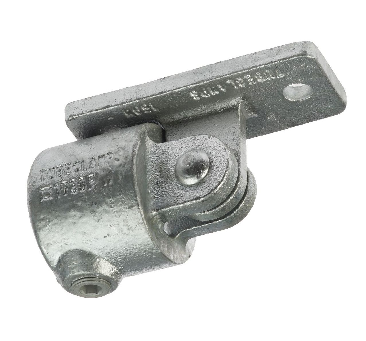Ein feuerverzinkter G169 Gelenkverbinder aus Temperguss mit Montageplatte für flexible Wandanschlüsse in stabilen Rohrkonstruktionen.