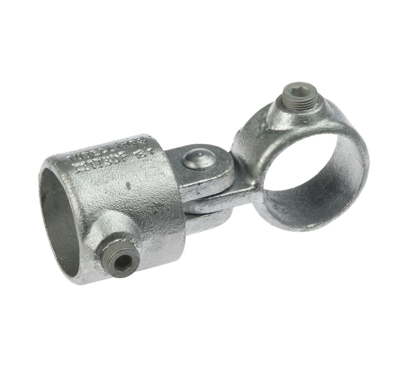 Verzinkter Rohrverbinder Typ G173 mit Gelenk aus Temperguss für flexible Verbindungen von Rohren in stabilen Konstruktionen.