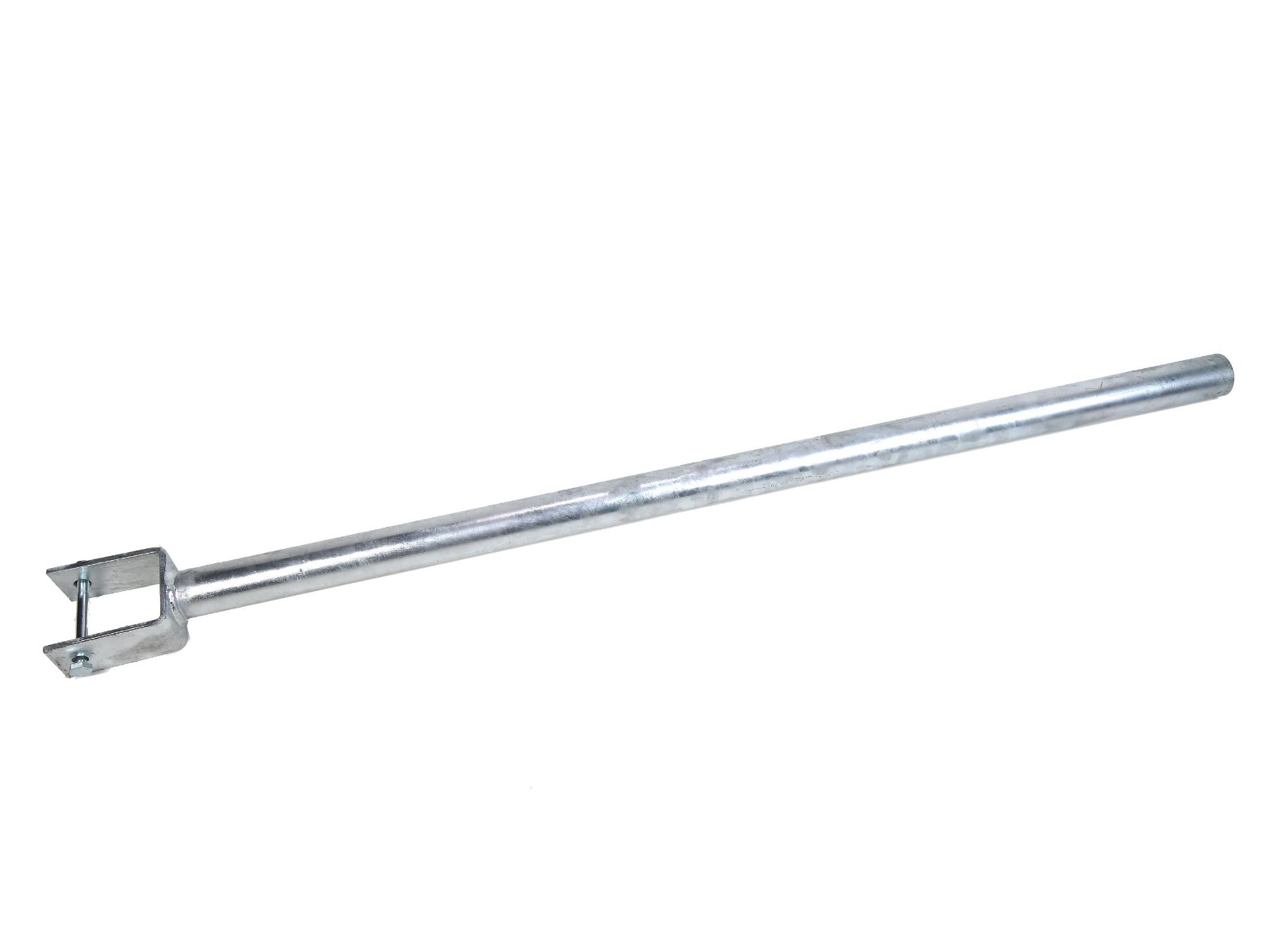 Lange, gerade Aufsteckverlängerung aus feuerverzinktem Metall mit einer U-Halterung und Sicherungsbolzen für die stabile Pfostenmontage.