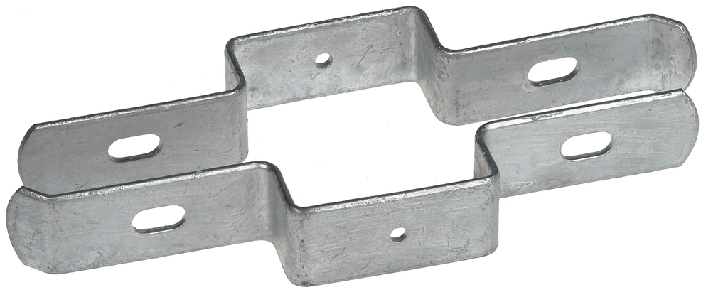 Eine feuerverzinkte Zaunhalterung für 60x60mm Pfosten mit verlängerter Lasche zur stabilen Befestigung von Doppelstabmattenzäunen auf weißem Hintergrund.