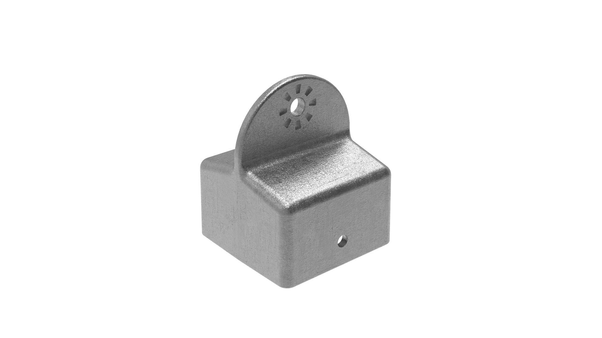 Graue Aluminium Pfostenkappe mit einer abgerundeten Halterung und zentraler Bohrung zur stabilen Befestigung eines modularen Arms an Pfosten.