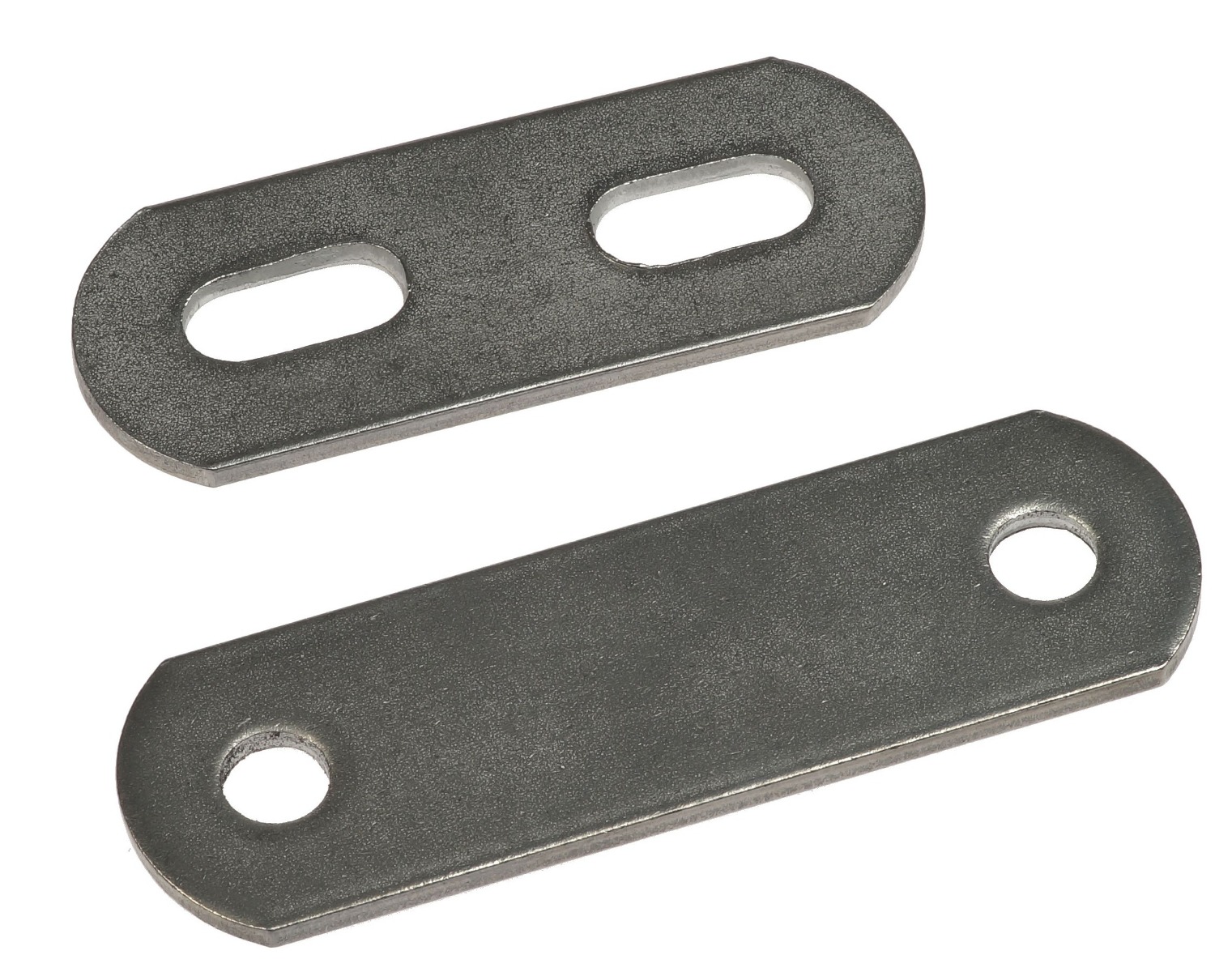 Zwei flache Edelstahl-Abschlussplatten aus rostfreiem Stahl 304 mit runden und ovalen Löchern für Drahtschellenmontage.
