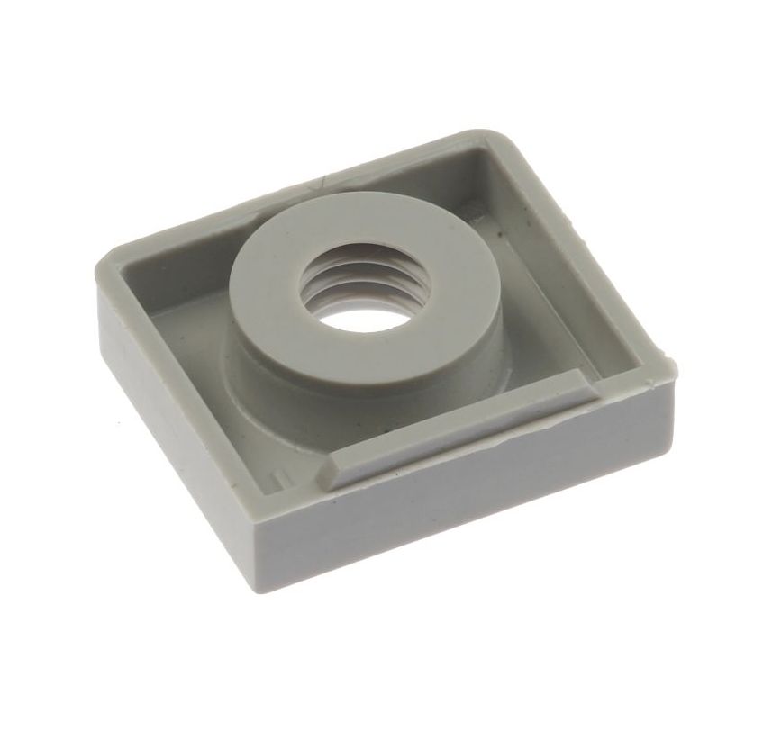 Graue, quadratische Montagemutter der Marke starquick aus robustem Polycarbonat mit integriertem Innengewinde auf hellem Hintergrund dargestellt.