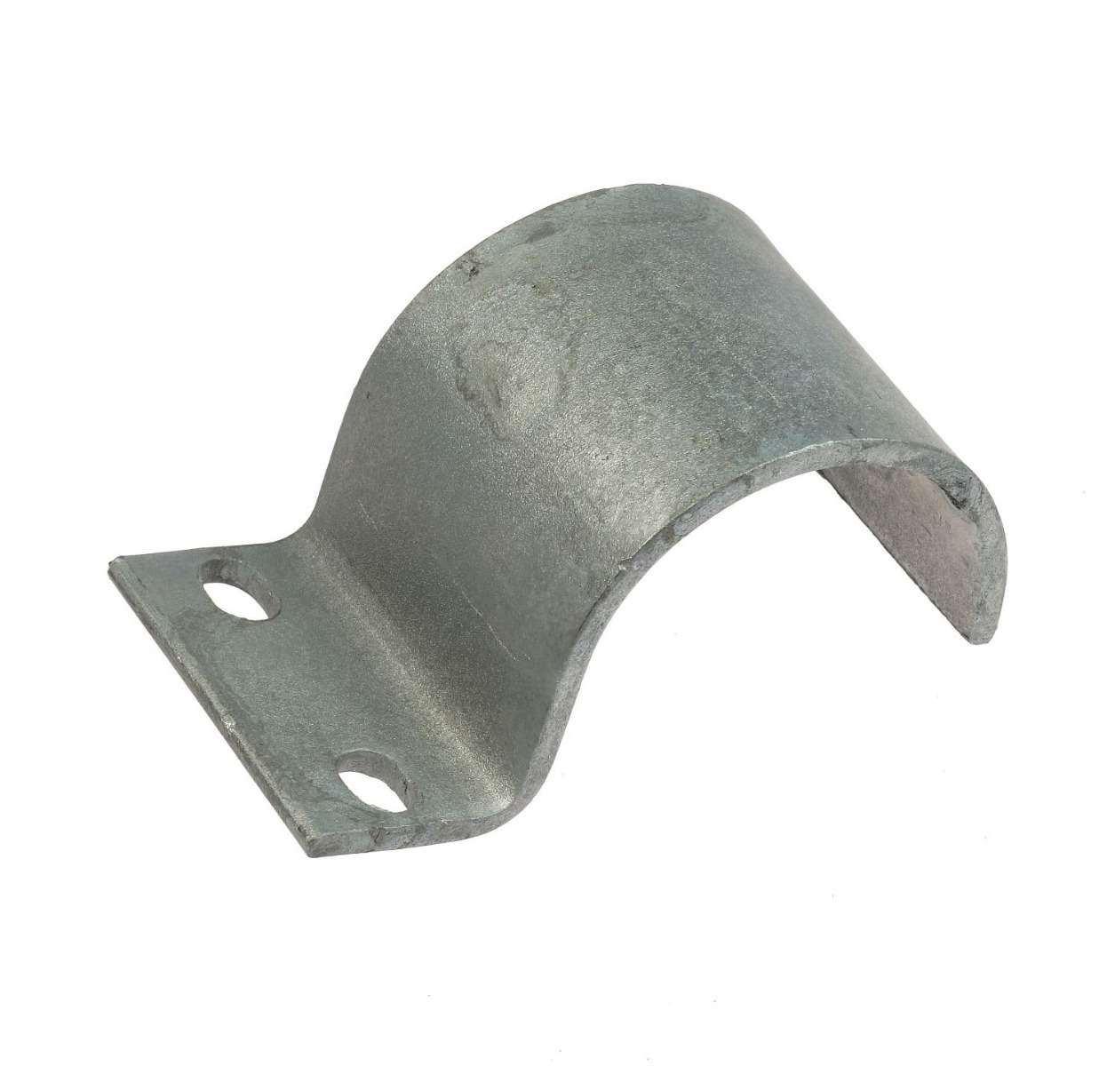 Eine silberfarbene, thermisch verzinkte Spannklemme aus robustem Metall mit zwei vorgebohrten Löchern zur stabilen Befestigung von Rohrelementen.