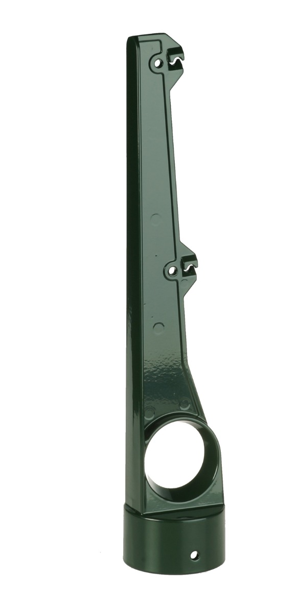 Moosgrüner Stacheldraht-Halter aus Aluminium in gerader 2D-Form mit kreisförmiger Halterung zur Montage auf runden Zaunpfosten.