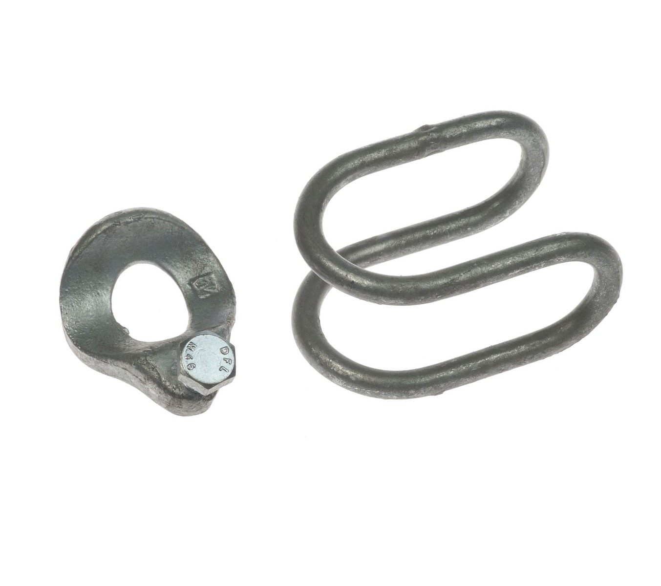 Zwei Metallkomponenten einer Kreuzklemme mit Haltebarren, bestehend aus einem verzinkten Klemmstück mit Schraube und einem Doppelbügel-Haltebarren.