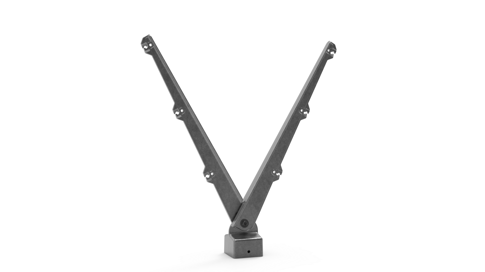 Ein modularer, V-förmiger Doppelarm aus Metall für Stacheldraht, montiert auf einem quadratischen Pfostenfuß zur Erhöhung der Zaunsicherheit.