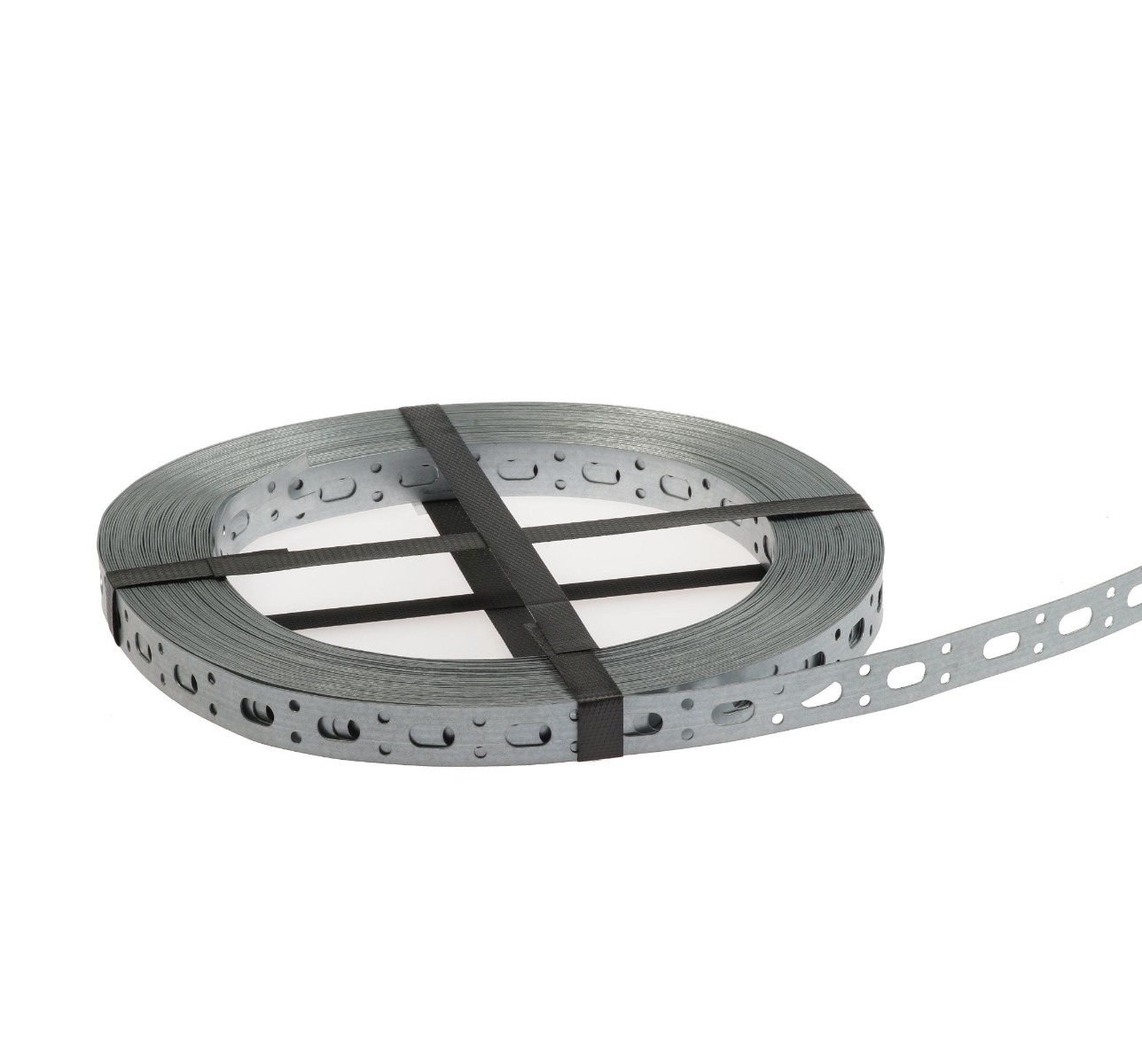Eine Rolle verzinktes Montageband mit durchgehender Lochung zur stabilen und flexiblen Befestigung von Rohrleitungen und Installationen.