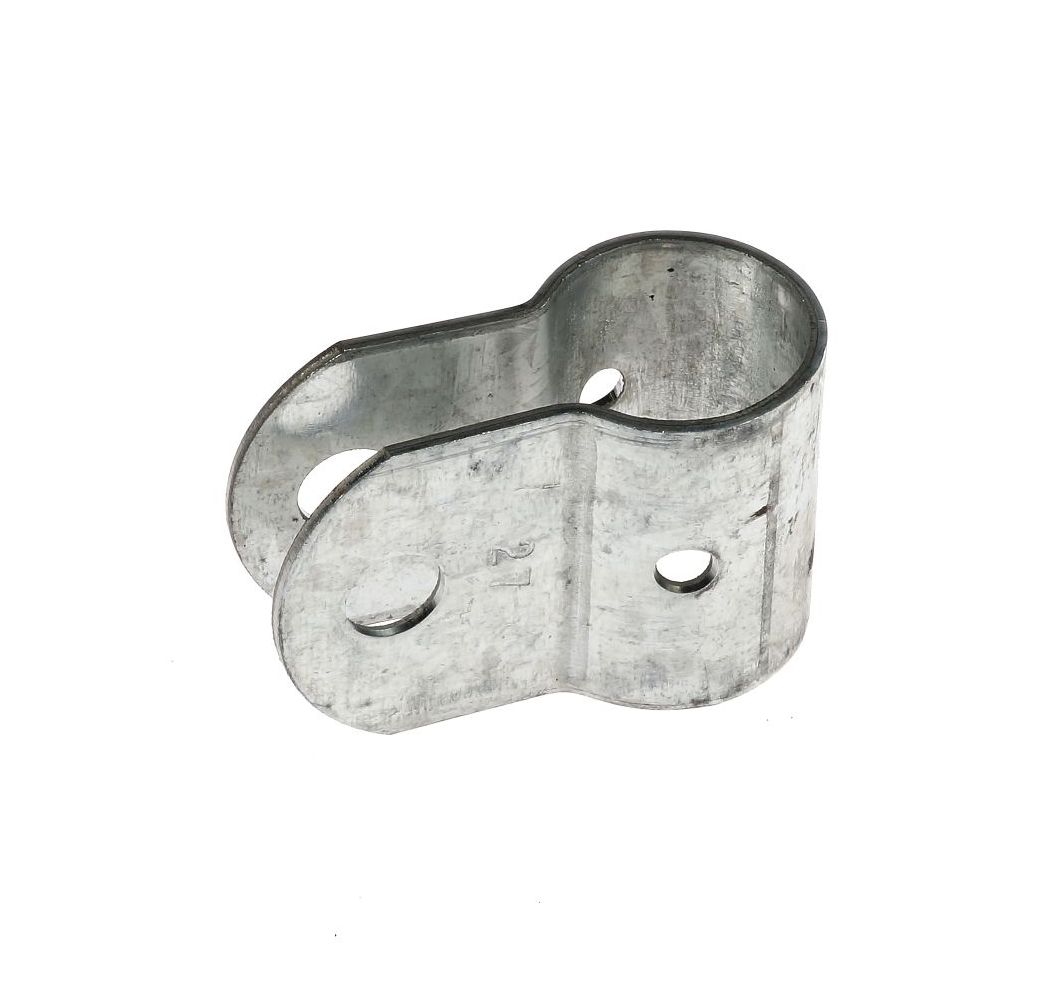 Eine omega-förmige Metallschelle aus sendzimirverzinktem Stahl mit zwei Bohrungen zur sicheren Befestigung von Rohren oder Leitungen.