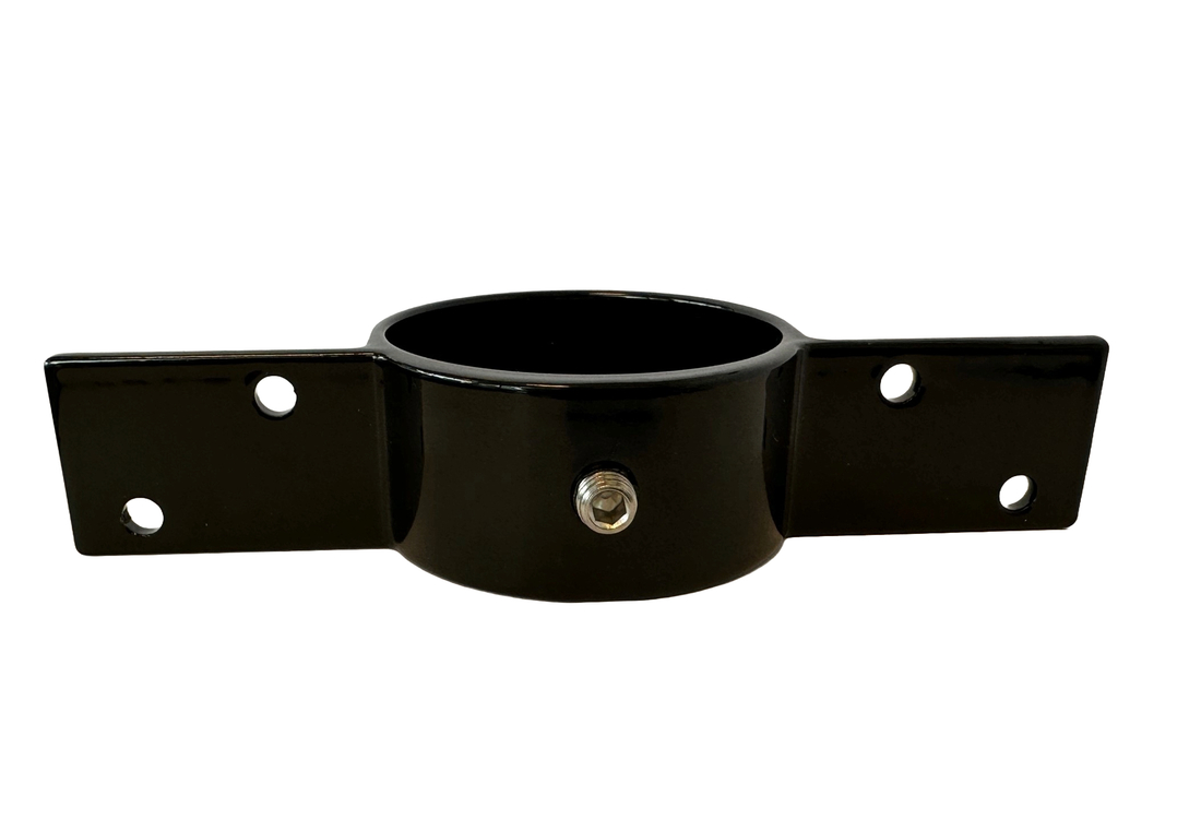 Aluminium Holzzaunhalterung Zwischenmodell RAL 9005 Schwarz mit Befestigungsmaterial, einzelne Halterung mit Laschen für Montage von Holzzaunfeldern an rundem Stahlpfosten 60 mm