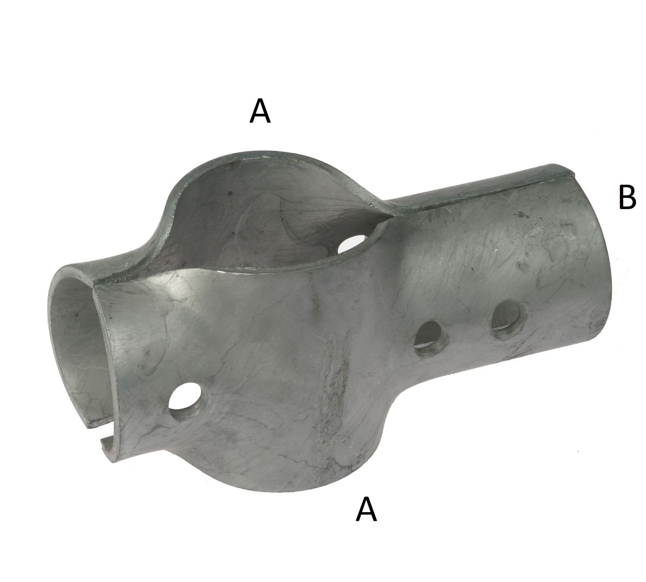 Eine schwere, feuerverzinkte 2-teilige T-Klemme aus Metall mit vorgebohrten Löchern für die sichere Verbindung von Rohren.