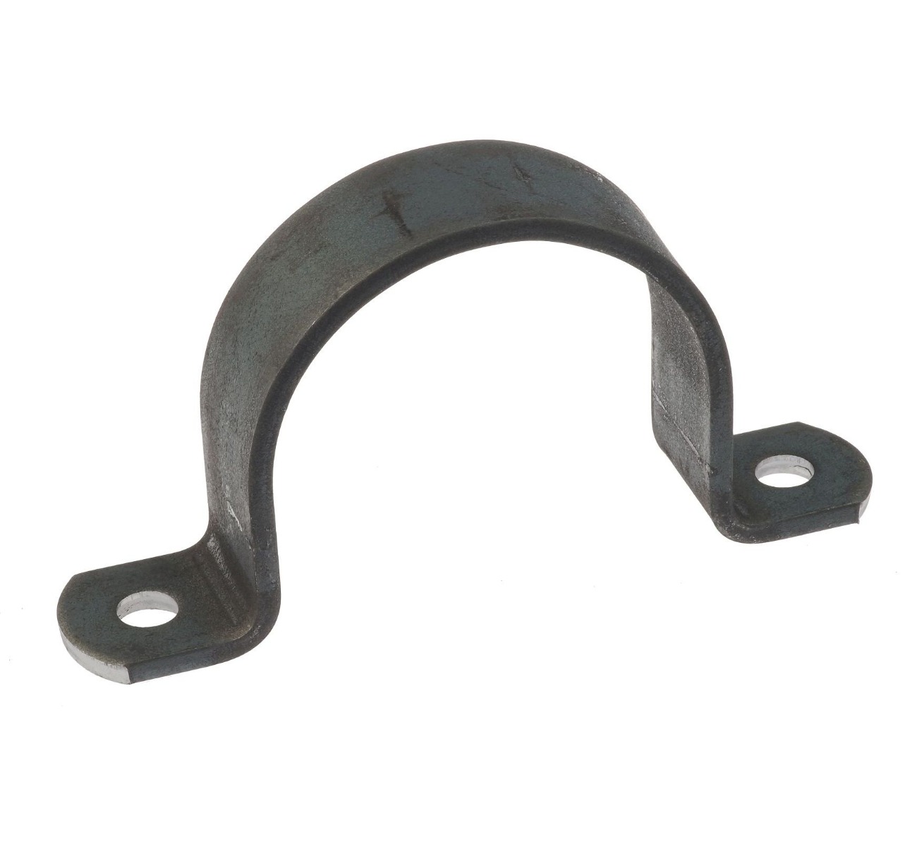Eine schwarze Metallschelle in U-Form mit zwei seitlichen Befestigungslöchern für die Montage von Rohren auf einem flachen Untergrund.