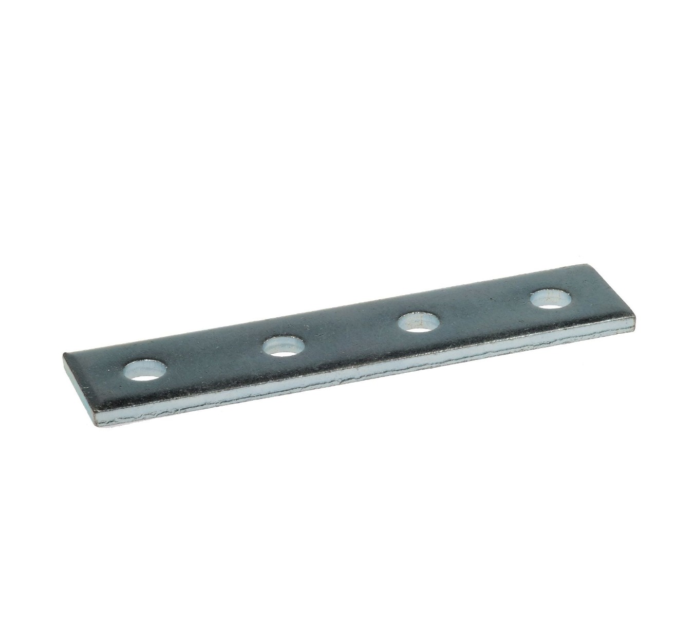 Flacher Schienenverbinder 41 aus elektrolytisch verzinktem Metall mit vier Bohrungen zur stabilen Verbindung von Montageschienen und Profilen.