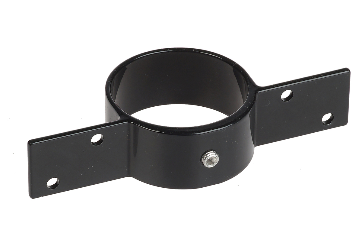 Schwarze Aluminium-Halterung für Holzzäune mit runder Pfostenaufnahme und zwei seitlichen Montageflügeln für eine sichere Befestigung.