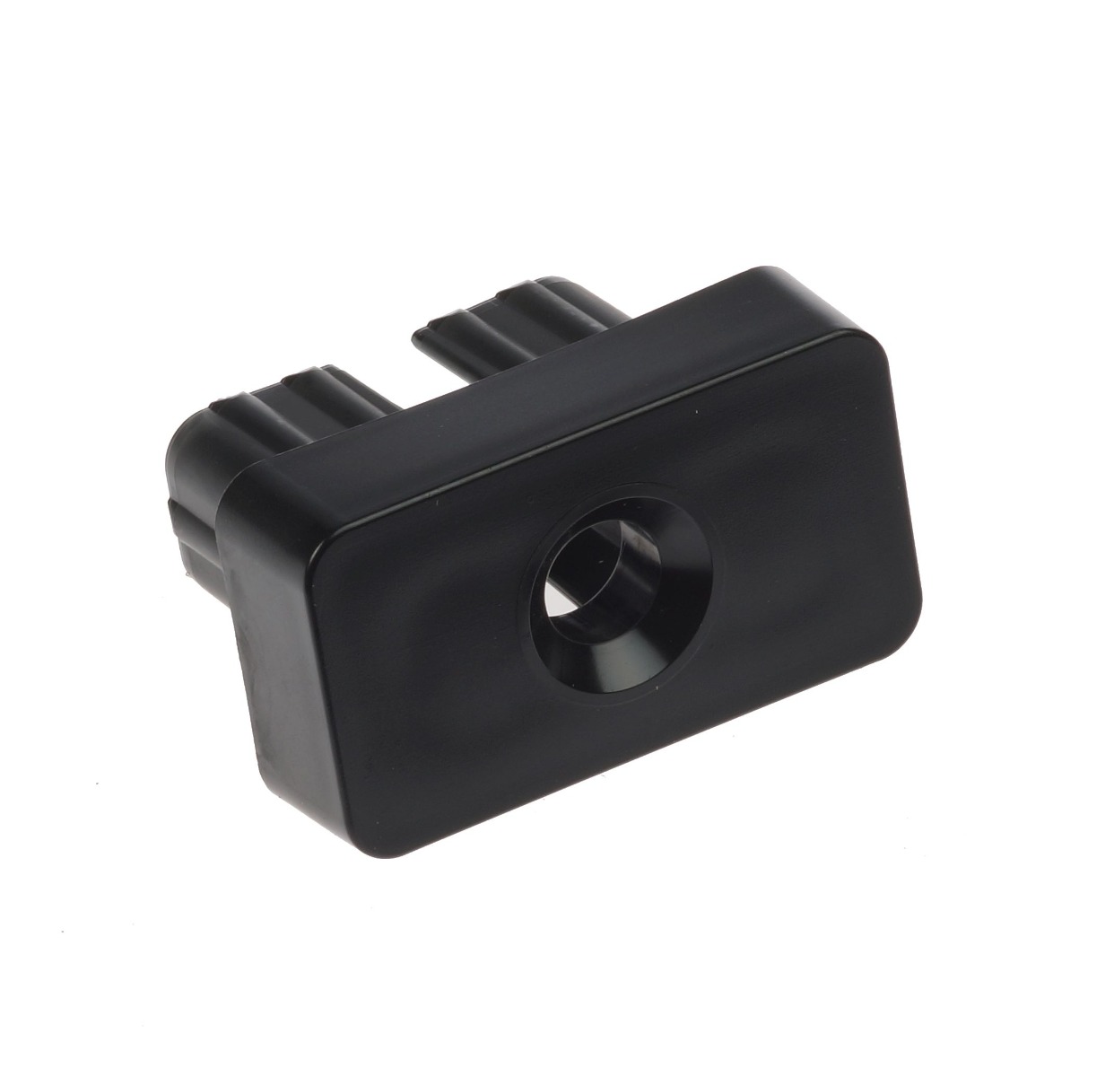 Eine schwarze Nylon Endkappe für Vierkantrohre mit zentraler Bohrung und Lamellen für einen sicheren Halt im Metallprofil.