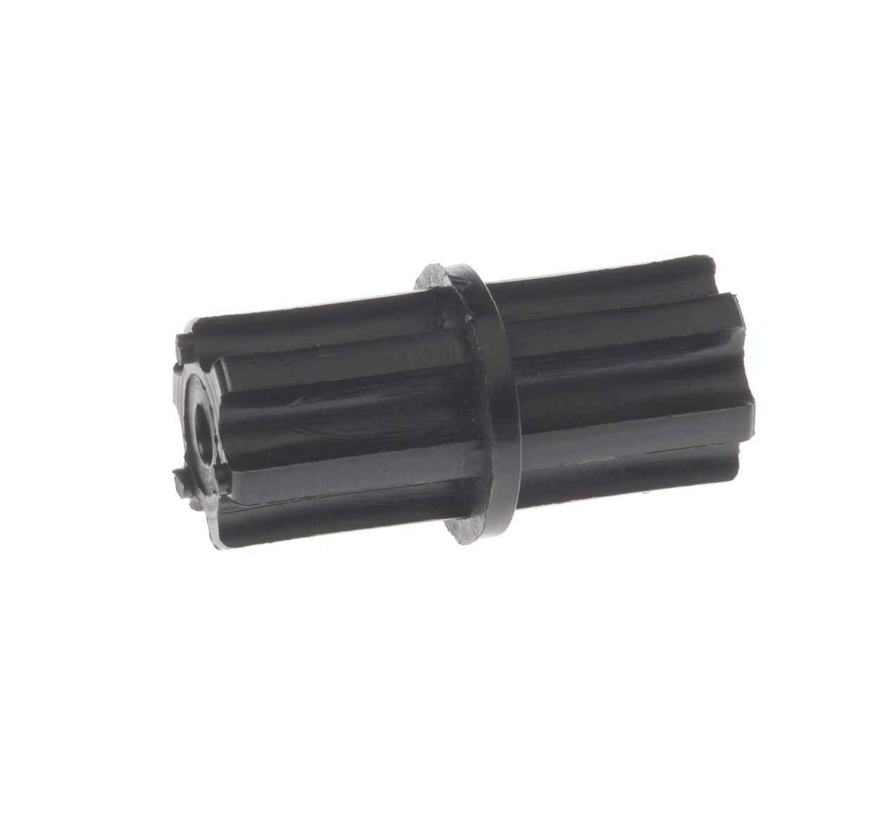 Eine schwarze, zylindrische Rohrkupplung aus Kunststoff mit gerippter Oberfläche und einem zentralen Ring zur stabilen Verbindung von Rohren.