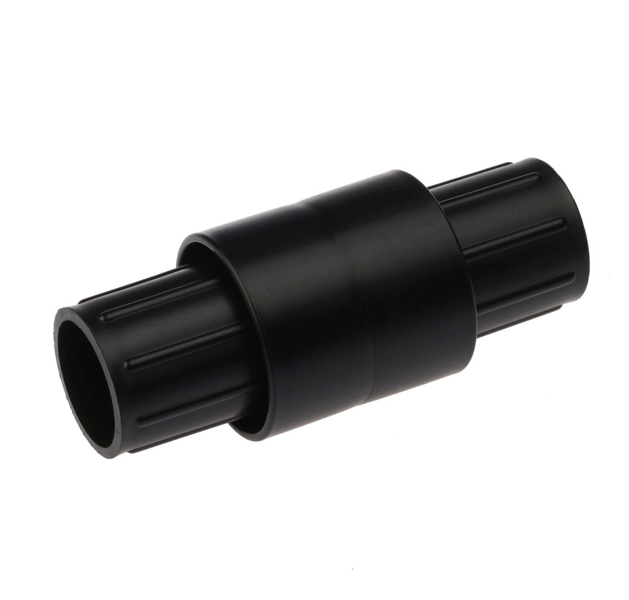 Ein schwarzes Kunststoff-Innenverbindungsstück mit einem Durchmesser von 42 mm, Farbe RAL9005, zur stabilen Verbindung von zwei Rohren.