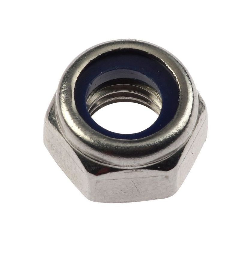 Sechskantsicherungsmutter M8 aus Edelstahl 304 mit blauem Polyamid-Klemmteil zur Vibrationssicherung nach DIN 985 Standard.