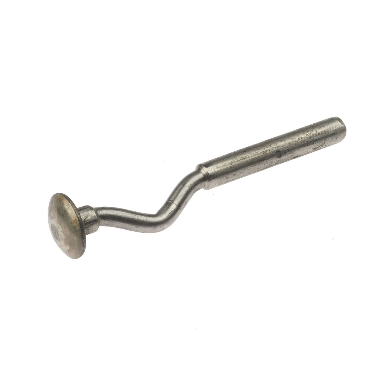 Gebogener Edelstahlstift mit rundem Kopf und 10 mm Durchmesser für Eckverbindungen von Rohren auf weißem Hintergrund.