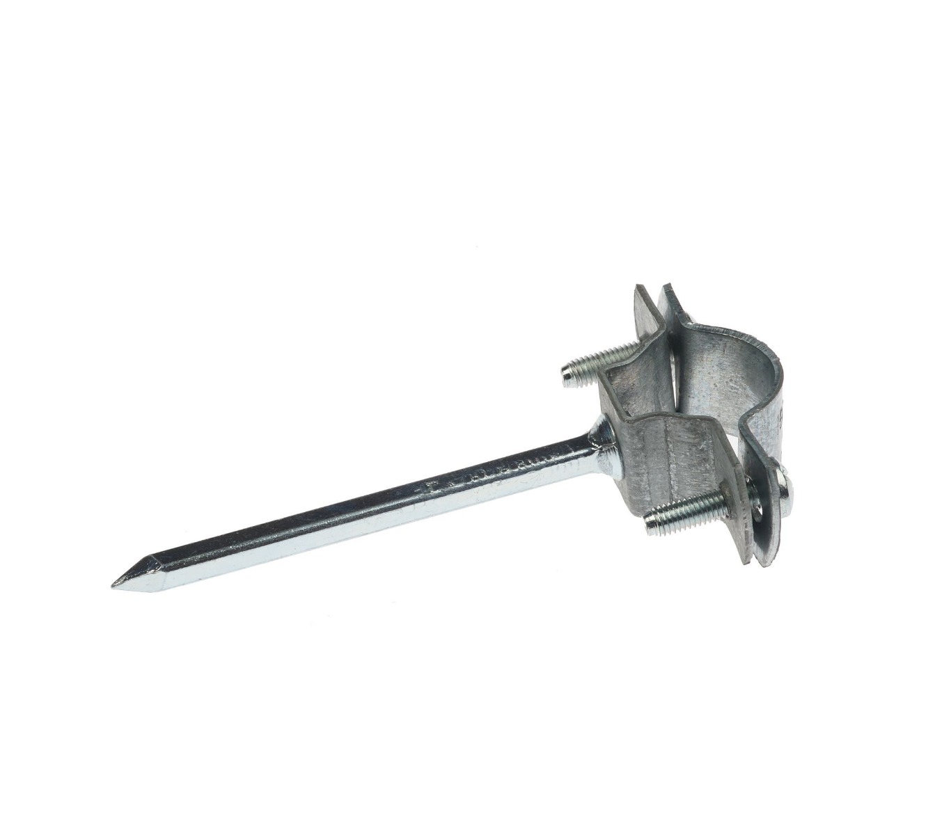 Eine verzinkte Stiftrohrschelle mit langem Einschlagstift und zwei Schrauben zur sicheren Befestigung von Rohren an Wänden.