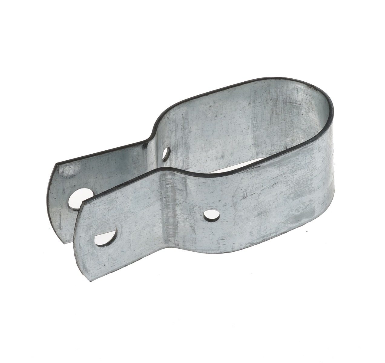 Ein ovaler Strebenhalter aus verzinktem Metall mit Verstellschlitz und Bohrungen für eine flexible Befestigung von Rohren und Streben.