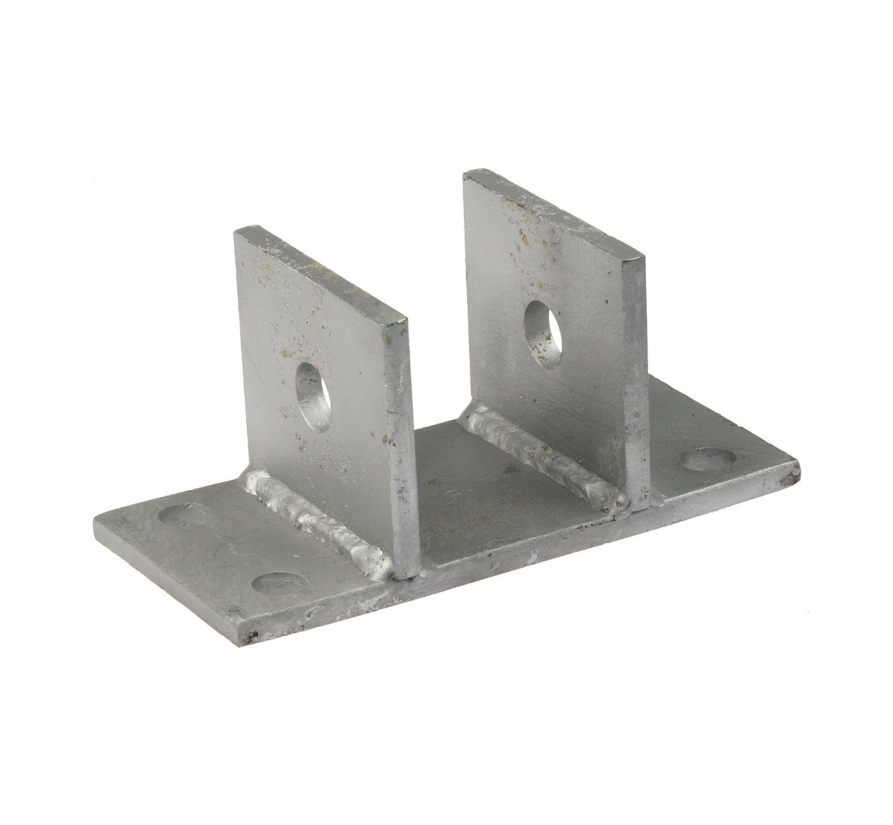Eine feuerverzinkte schmale Wandhalterung aus Metall mit einer U-Form und vier vorgebohrten Löchern zur stabilen Befestigung von Trenngittern.