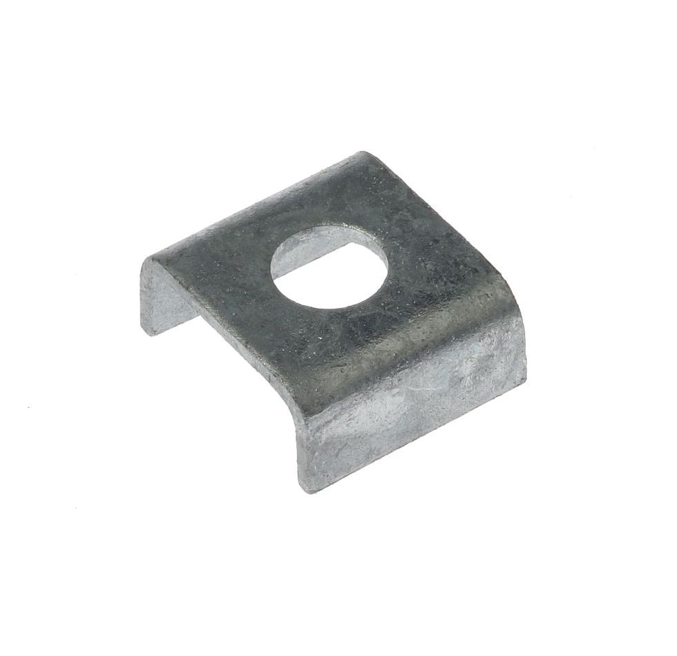 Eine thermisch verzinkte U-Unterlegscheibe für Aufhanghalter Typ 270 aus robustem Metall auf einem neutralen weißen Hintergrund.