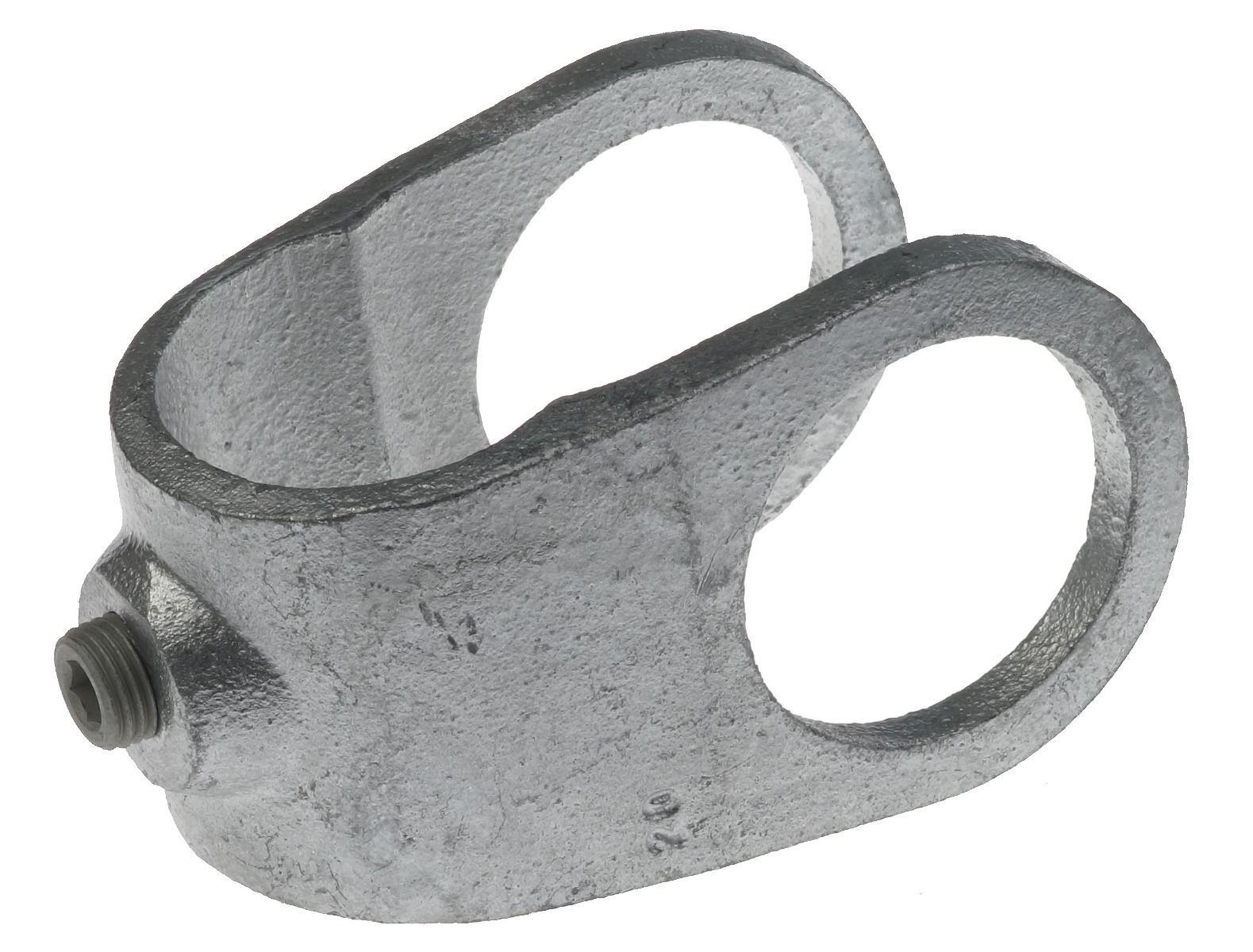 Ein feuerverzinkter variabler Kreuzverbinder G156 A35 aus Temperguss mit integrierter Stellschraube zur stabilen Verbindung von zwei runden Metallrohren.