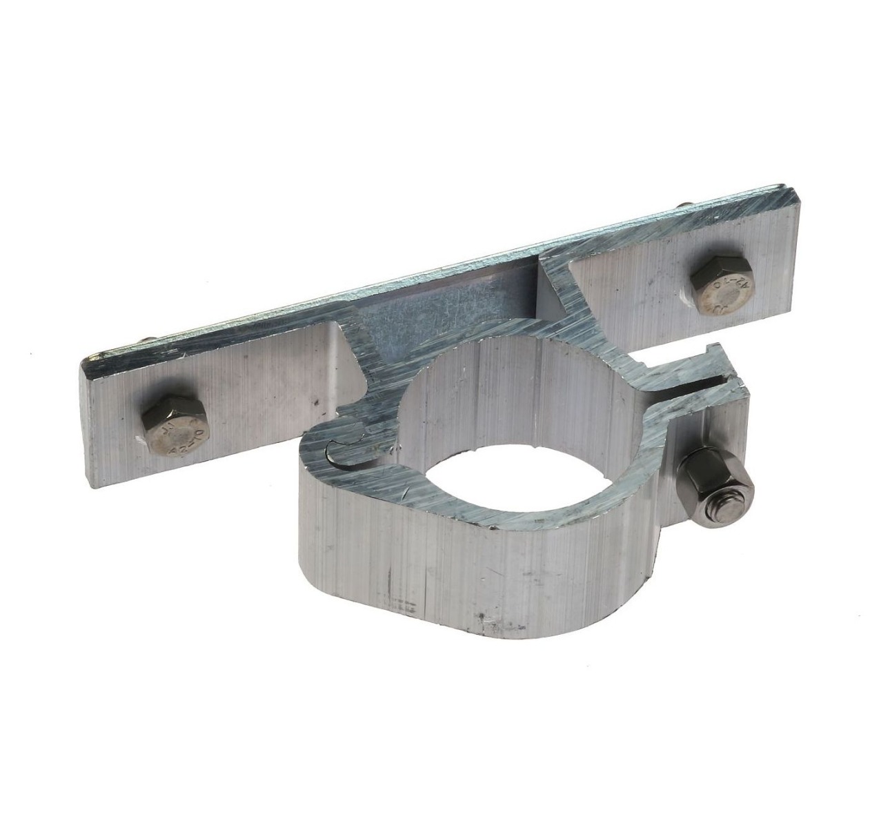 Silberner Verkehrsschildhalter aus Aluminium mit einer 48 mm Rohrschelle und einer 120 mm langen Befestigungsplatte inklusive Schrauben.