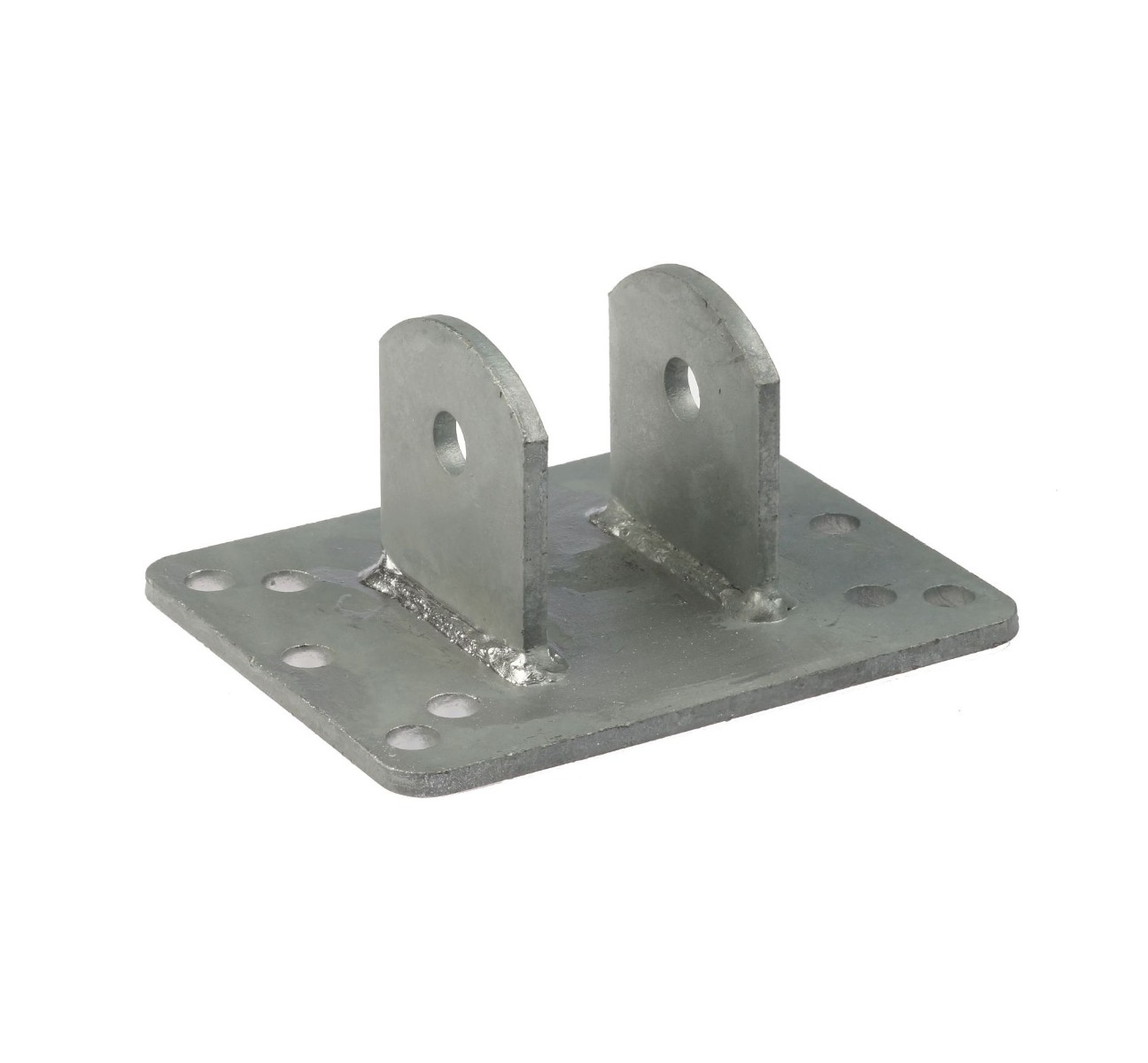 Feuerverzinkter Wandhalter mit stabiler Bodenplatte und zwei aufrechten Laschen mit Bohrlöchern für sichere Wandmontage in Industrieanwendungen.