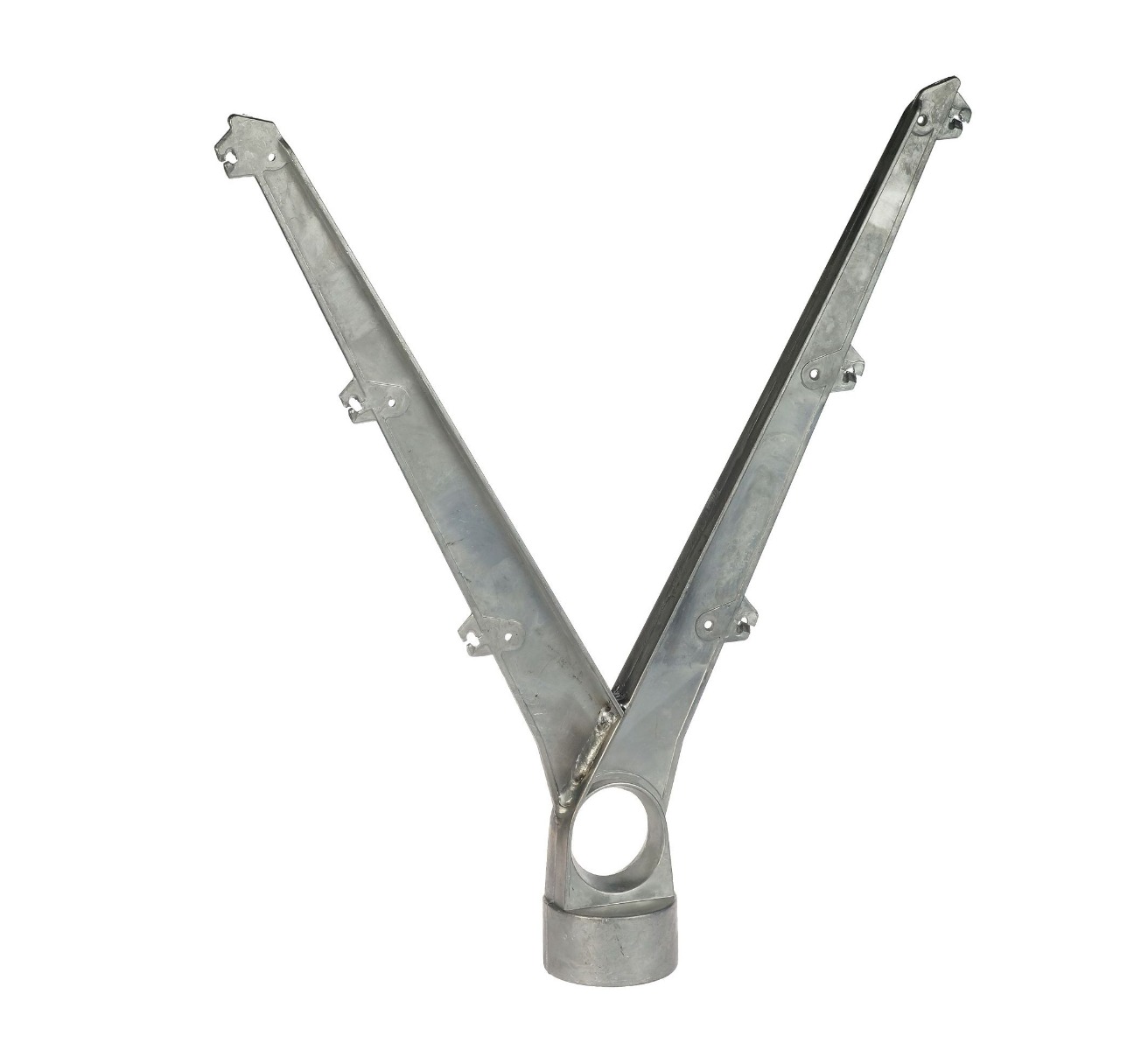 Ein Y-förmiger Stacheldrahtarm aus Aluminium zur Befestigung von 2x3 Drähten an einem 60mm Zaunpfosten in einem 60-Grad-Winkel.